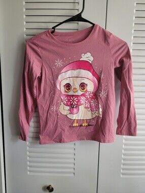 Cute Owl Winter Tee - Pink Graphic Size Medium